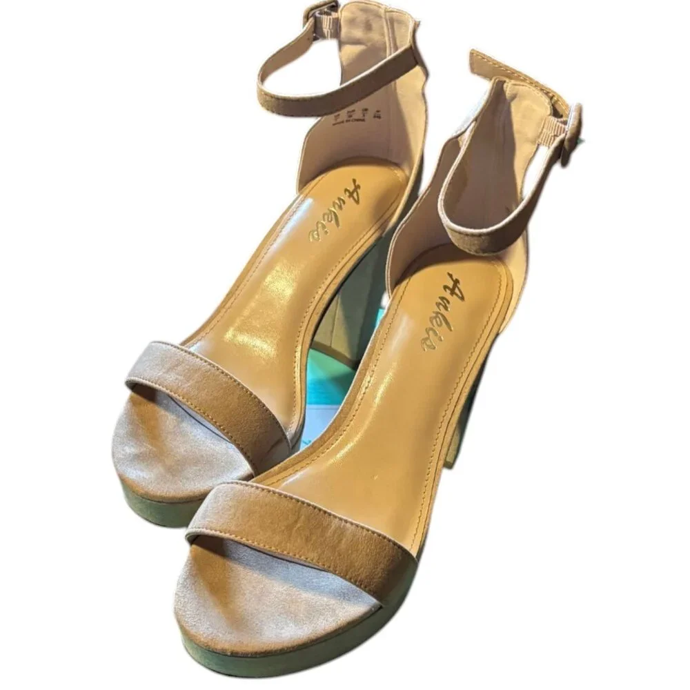 Ankis 4 Inches Chunky Platform heels Sandals Women Nude Suede sz 7‎